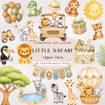 Cute Safari Animals Clipart, Watercolor Jungle PNG, Baby Shower Safari Clipart, Little Safari Nursery Animals, Commercial Use