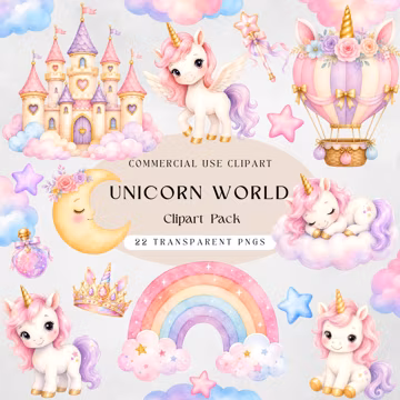 Unicorn Clipart Bundle, Watercolor Unicorn PNG, Rainbow Castle Clipart, Baby Shower Birthday Nursery Commercial Use
