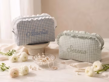 Personalized Gingham Ruffle Cosmetic Bag, Custom Name Bridesmaid Gift, Bridal Makeup Bag, Wedding Travel Pouch