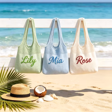 Personalized Woven Beach Tote, Custom Name Embroidery Bag, Cartoon Icon Charm,Birthday Party Favor,Seaside Vacation Birthday Gift for Friend