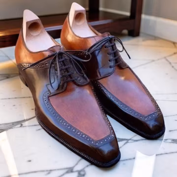 Handcrafted Men's Two Tone Brown Patina Leather Derby Lace-Up Shoes Luxury Dress