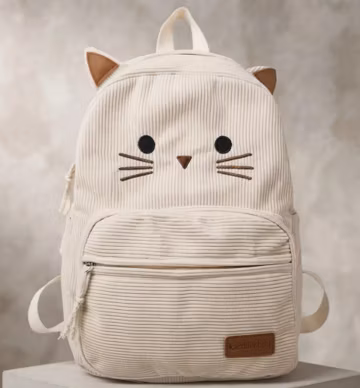 Cat Corduroy Backpack, Kawaii School Bag, Cartoon Bookbag, College Daypack, Travel Bag, Student Gift