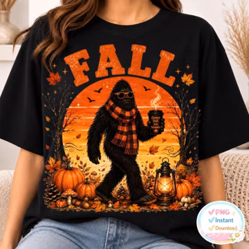 Fall Bigfoot PNG, Hello Fall Sasquatch Sublimation, Autumn Bigfoot Coffee PNG, Vintage Fall Shirt Design Digital Download