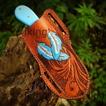 Handmade D2 Steel Bull Cutter Knife & Tooled Feather Leather Pancake Sheath