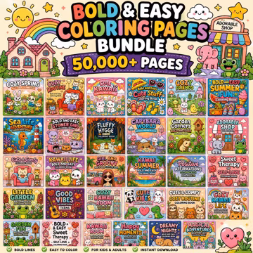 Bold & Easy Coloring Pages Bundle 50000+ | Kawaii Coloring Book PDF | Kids Adults Printable Instant Download