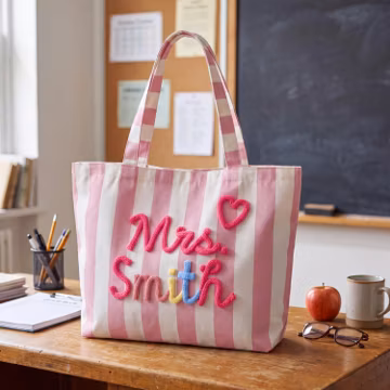 Custom Canvas Tote | School Year Appreciation Gift For Teacher | Canvas Striped Tote For Books | Daily Teacher Carry Bag
