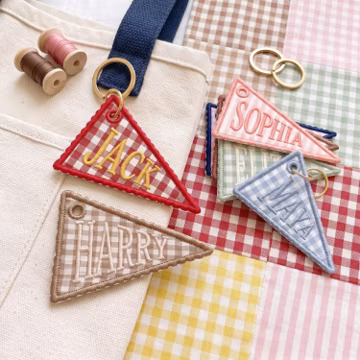 Personalized Embroidered Gingham Pennant Bag Charm, Custom Name Keychain, Preppy Backpack Tag