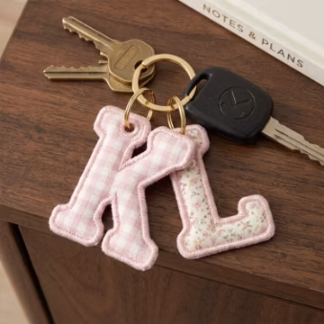 Custom Embroidered Alphabet Keychain, Personalized Gingham Fabric Initial Bag Charm, Girly Backpack Tag
