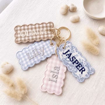 Personalized Embroidered Name Backpack Tag, Gingham Blue Toile Stripe Keychain