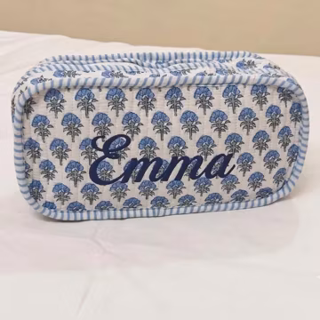 Personalized Blue Floral Quilted Makeup Bag: Embroidered Cosmetic Travel Organizer Toiletry Bag, Christmas Gift, gift for Pencil pouch