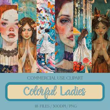 Artistic Mixed Media Ladies Clipart, Whimsical Portraits, PNG Bundle (Digital Download)