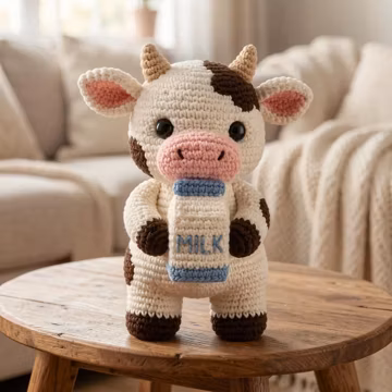 Handmade Crochet Cow Plush with Milk Carton, 30cm Amigurumi Farm Animal Toy