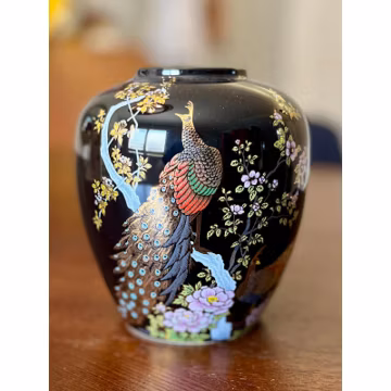 Asahi Ceramic Peacock Vase Unisex OS Black Excellent Vintage Gold Gilt Floral