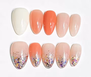 Handmade Almond Press On Nails, Gradient Peach Glitter Tips, Summer Manicure