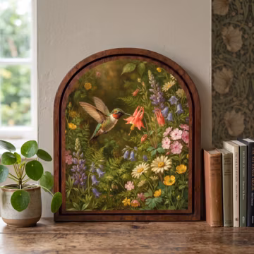Hummingbird in Wildflower Garden Oil Painting, Arch Framed Country Wall Art, Hummingbird and Flowers Print, Cottagecore Nature Decor