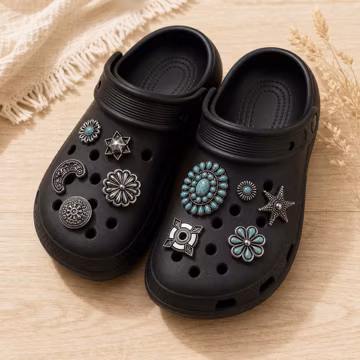 10 Piece Turquoise Clog Charm Set, Western Silver Shoe Buttons