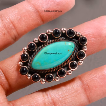 Turquoise & Black Onyx Ring Solid Copper Party Wear December Birthstone Marquise Shape Jewelry