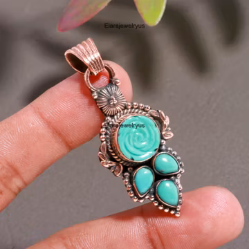 Natural Turquoise Pendant Solid Copper Party Wear December Birthstone Round Shape Jewelry