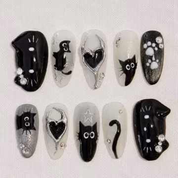 Black Cat Press On Nails, Spooky Cute Halloween Gothic Nail Set