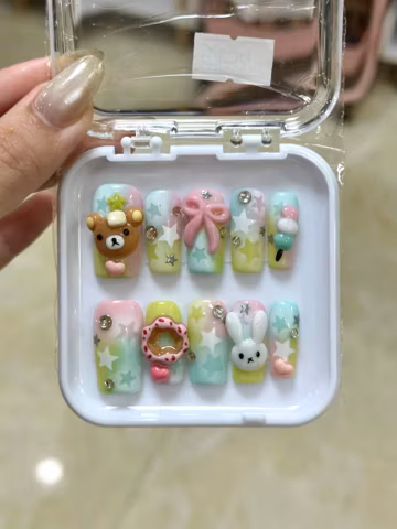 3D Kawaii Press On Nails | Bear Bunny Nail Designs | Cute Pastel Summer Nails