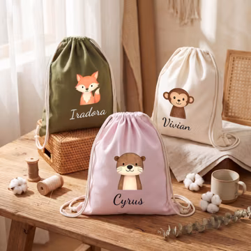 Personalized Animal Drawstring Bag, Custom Name Cinch Backpack, Gym Bag, Boys Girls Back to School Gift
