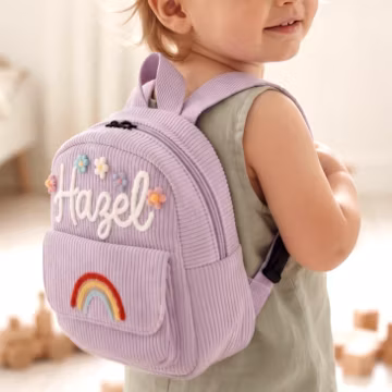 Custom Embroidered Corduroy Toddler Backpack, Personalized Mini Kids School Bag, Rainbow Flowers