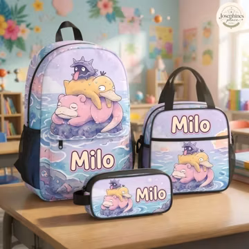 Custom Slowpoke Psyduck Backpack Set Animal Stack School Bag Customized Kids Lunch Bag Pencil Case Back To School Gift Set For Boys Girls