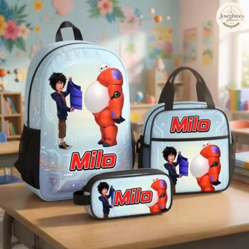 Personalized Hiro Baymax Backpack Set Cute White Robot School Bag Custom Name Lunch Bag Pencil Case Back To School Present For Boy