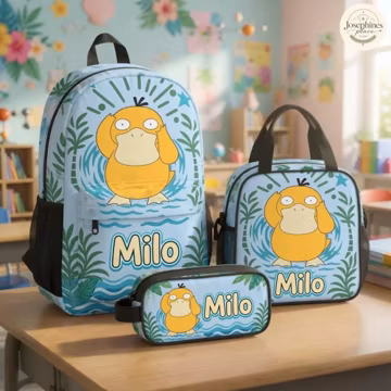 Custom Psyduck Backpack Set Cute Yellow Duck School Bag Personalized Kids Lunch Bag Pencil Bag Back To School Gift Set For Boys And Girls