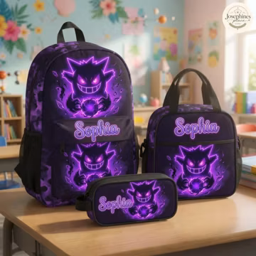 Custom Gengar Backpack Set Purple Flame Ghost Monster School Bag Personalized Kids Lunch Bag Pencil Case Back To School Gift Set For Student