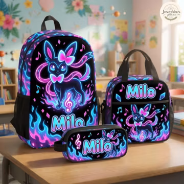 Glow Neon Sylveon Backpack Set Music Notes Fairy Monster School Bag Custom Name Girls Lunch Tote Pencil Case Cute Back To School Present