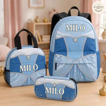 Custom Princess Dress Backpack Set Blue Gown School Bag Personalized Child Lunch Bag Pencil Case Back To School Gift Set For Little Girls