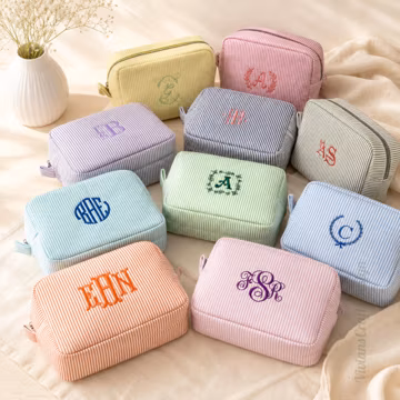 Custom Embroidered Monogrammed Makeup Bag, Personalized Seersucker Toiletry Bag, Birthday Gifts