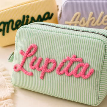 Custom Name Cosmetic Bag, 3D Braided Cord Seersucker Pouch, Graduation or College Gift