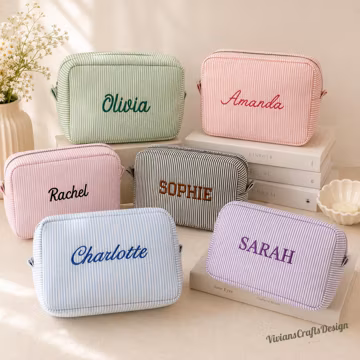 Custom Embroidered Seersucker Makeup Bag with name, Personalized Monogram Toiletry Pouch, Bridal Gift