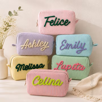 Personalized Bridesmaid Makeup Bag, Custom Cord Name Seersucker Pouch, Bridal Party Gift
