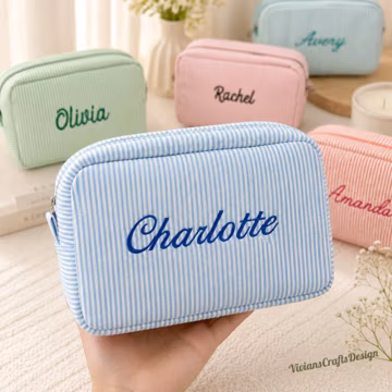 Custom Embroidered Bridesmaid Makeup Bag, Personalized Monogrammed Seersucker Toiletry Bag, Bridal Party Gifts