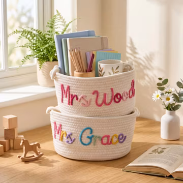 Personalized Teacher Basket, Custom Name Rope Storage Basket, Teacher Appreciation Gift, Classroom Organizer, Thank You Gift