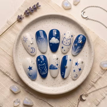Celestial Cat Press On Nails, Blue White Moon Star False Nails, Cute Night Sky Gel Nails, Reusable Almond Fake Nails, Handpainted Glue On