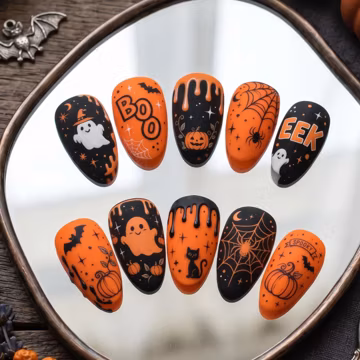 Halloween Press On Nails Hand Painted, Cute Spooky Ghost Pumpkin False Nails, Orange Black 3D Drip Fake Nails, Custom Gel Nail Art Set