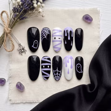 Halloween Press On Nails Hand Painted, Cute Ghost Fake Nails, Lavender Purple Spider Web Mummy False Nails, Spooky Season Glue On Gel Nails