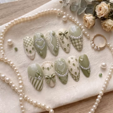 Strawberry Press On Nails Sage Green Coquette Cottagecore Fake Nails 3D Gel Pearl Bow Cute Gingham Fake Nails Glue On Set