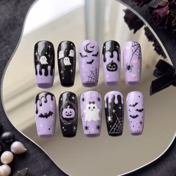 Cute Halloween Press On Nails Purple Ghost Pumpkin False Nails Creepy Cute Spooky Season Glue On Gel Nails Long Coffin