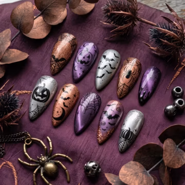 Halloween Press On Nails | Spooky Pumpkin Bat Web Fake Nails | Purple Orange Silver Glitter Cat Eye Nails | Gothic Stiletto Glue On Nails