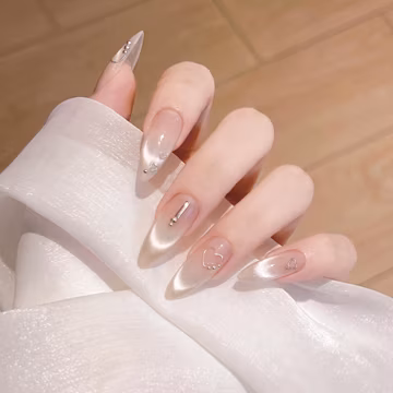 Pearl Cat Eye Press On Nails, Silver Heart Bridal Fake Nails, Korean Gel Aesthetic, Coquette Almond False Nails, Handmade Reusable Set