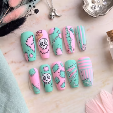 Pastel Goth Press On Nails | Creepy Cute Halloween Nails | Mint Green Pink Patchwork Stitches False Nails | Matte Coffin Gel Nails