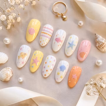 Colorful Fish Press On Nails Pastel Ocean Beach Fake Nails Handpainted Seashell Starfish Cute Summer False Nails Kawaii Glue On Nails