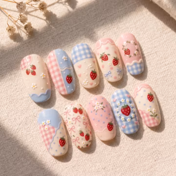 Strawberry Press On Nails Cute Coquette Gingham Fake Nails Handmade Pastel Blue Pink Floral 3D Nail Art Reusable False Nails
