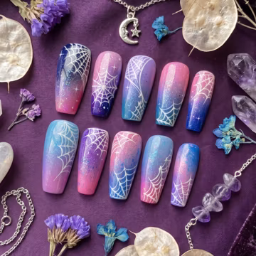 Galaxy Web Press On Nails | Halloween Coffin Nails | Spooky Ombre Glitter Fake Nails | Witchy Purple Blue Glue On Nails