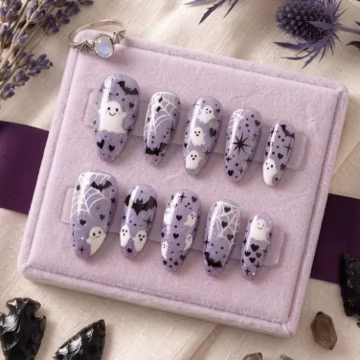 Halloween Press On Nails Hand Painted Cute Ghost Nails Purple Glitter Fake Nails Spooky Spider Web Bats Reusable Gel Nails Almond Shape